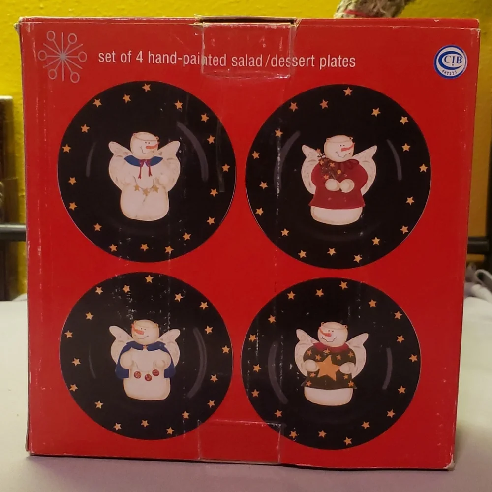 Vtg Set Of 4 Black Salad Dessert Plates Sonoma Snowman Angels